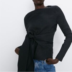 Zara Waist Tie Stretch Linen Blend Top